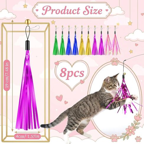 JJUNW 10 Pcs Cat Wand Toy Replacement, Cat Wand Teaser Toys with Bell Metallic Foil Tassel, Multi Colored Interactive Cats Ribbon Toy for Most Cats Chase Exercise with Kitten in Kuwait