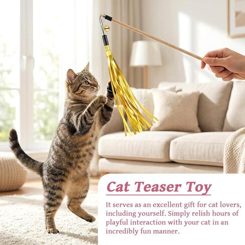 JJUNW 10 Pcs Cat Wand Toy Replacement, Cat Wand Teaser Toys with Bell Metallic Foil Tassel, Multi Colored Interactive Cats Ribbon Toy for Most Cats Chase Exercise with Kitten in Kuwait