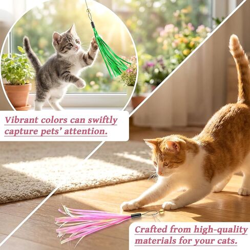 JJUNW 10 Pcs Cat Wand Toy Replacement, Cat Wand Teaser Toys with Bell Metallic Foil Tassel, Multi Colored Interactive Cats Ribbon Toy for Most Cats Chase Exercise with Kitten in Kuwait