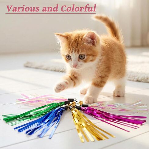 JJUNW 10 Pcs Cat Wand Toy Replacement, Cat Wand Teaser Toys with Bell Metallic Foil Tassel, Multi Colored Interactive Cats Ribbon Toy for Most Cats Chase Exercise with Kitten in Kuwait