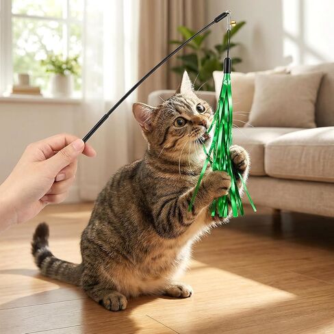 JJUNW 10 Pcs Cat Wand Toy Replacement, Cat Wand Teaser Toys with Bell Metallic Foil Tassel, Multi Colored Interactive Cats Ribbon Toy for Most Cats Chase Exercise with Kitten in Kuwait
