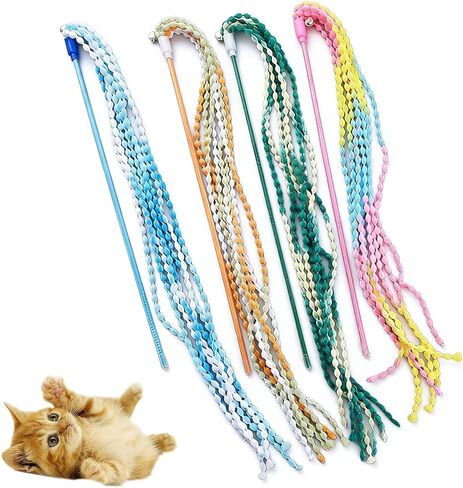 KABASI Cat Wand Toys, 4PCS Interactive Plush Srtip Cats String Teasing Stick with Bells for Kitten, Colorful Sturdy Pole Cat Toys for Having Fun Indoor Playing in Kuwait