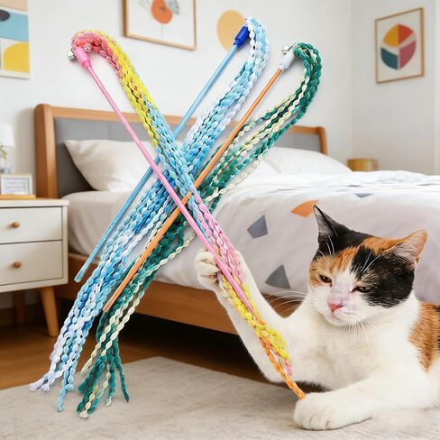 KABASI Cat Wand Toys, 4PCS Interactive Plush Srtip Cats String Teasing Stick with Bells for Kitten, Colorful Sturdy Pole Cat Toys for Having Fun Indoor Playing in Kuwait