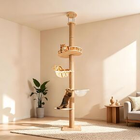 4-Level Floor-to-Ceiling Cat Tree Height Adjustable (55-115in) | Space-Saving Tall Cat Tower with Scratching Posts, Jump Platforms, Hammock | Heavy Duty Cat Activity Center for Indoor Cats in Kuwait