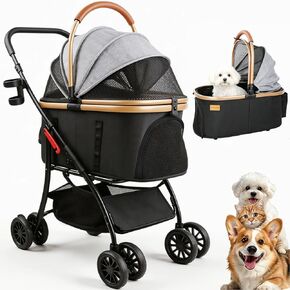 Pet Stroller for Small Medium Dogs & Cats – 3-in-1 Detachable Carrier, Zipperless Entry, Lightweight Folding Travel Stroller with Storage Basket, Cup Holder, Gray in Kuwait