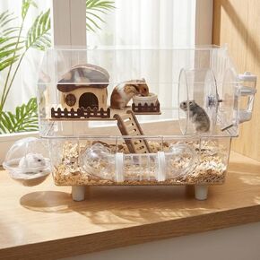 Loungewave Acrylic Hamster Cage, 8 in 1 Gerbil Cage with Accessories, Dwarf Hamster Cage with Full Transparent Viewing, Clear View Inside Easy to Clean, Excellent Ventilation, Classic House Style in Saudi Arabia