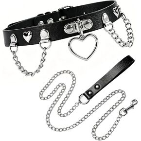 Heart and Chain Charm Black Collar and Leash for Pet Dogs Halloween Cosplay, Goth Emo Funny Necklaces and Hauling Chains Accessories in Saudi Arabia