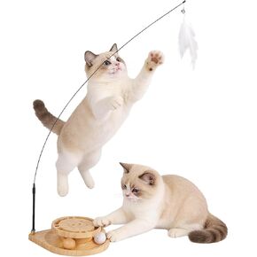 Interactive Cat Toy for Bored Cats - Feather Wand & Track Ball, 15 Replacement Heads, 2 Wooden Balls & 1 Bell Ball, Anti-Slip Base, Easy Assembly Cat Teaser for Kittens & Adult Cats in Saudi Arabia