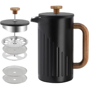 Rorence French Press Coffee Maker 34 oz (8 Cups), Double Wall Stainless Steel Coffee Press with Real Wood Handle, 4-Level Filtration System, Heat Retention & No-Burn Exterior, for Coffee & Tea, Black in Saudi Arabia