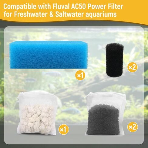 Big Peng AC50 Aquarium Filter Media Maintenance Kit Compatible with Aquaclear Fluval AC50 Power Filters, Includes 1 Blue Foam, 2 Activated Carbon, 1 BioMax Pellets, 2 Intake Strainer Sponge in Kuwait
