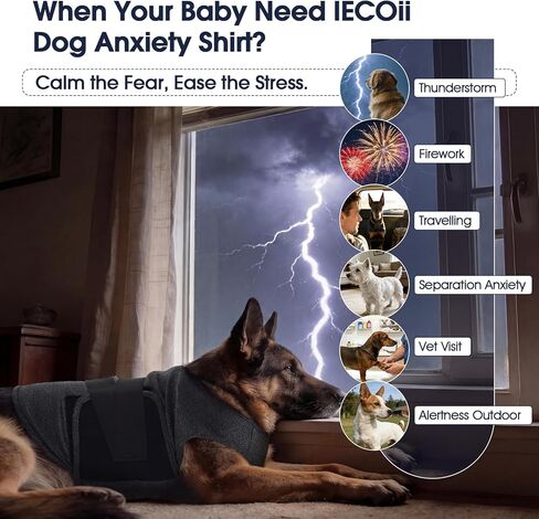 IECOii سترة مهدئة للقلق والإجهاد للكلاب، غلاف قلق قابل للتعديل، قميص مهدئ، غلاف ضغط قابل للتمدد لفصل العواصف الرعدية، الضوضاء وتخفيف التوتر أثناء السفر، رمادي داكن، مقاس L in Kuwait