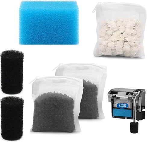 Big Peng AC20 Aquarium Filter Media Maintenance Kit Compatible with Aquaclear Fluval AC20 Power Filters, Includes 1 Blue Foam, 2 Activated Carbon, 1 BioMax Pellets, 2 Intake Strainer Sponge in Kuwait