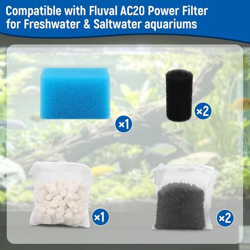 Big Peng AC20 Aquarium Filter Media Maintenance Kit Compatible with Aquaclear Fluval AC20 Power Filters, Includes 1 Blue Foam, 2 Activated Carbon, 1 BioMax Pellets, 2 Intake Strainer Sponge in Kuwait