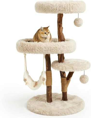 Letkind Modern Cat Tree Tower for Large Indoor Cats, Perches-Natural Solid Wood Cat Tower with Sisal Scratching Post, Perches, Hammock & PlayBalls, Aesthetic Boho Cat Furniture in Kuwait
