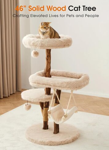 Letkind Modern Cat Tree Tower for Large Indoor Cats, Perches-Natural Solid Wood Cat Tower with Sisal Scratching Post, Perches, Hammock & PlayBalls, Aesthetic Boho Cat Furniture in Kuwait