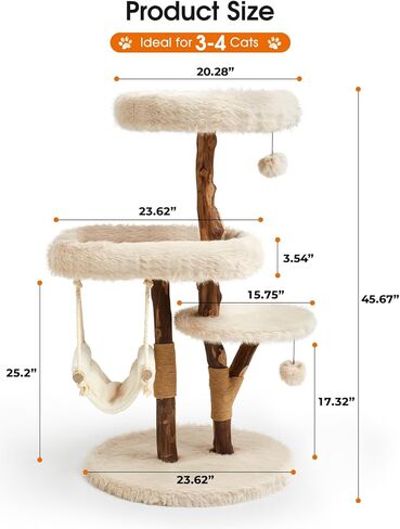 Letkind Modern Cat Tree Tower for Large Indoor Cats, Perches-Natural Solid Wood Cat Tower with Sisal Scratching Post, Perches, Hammock & PlayBalls, Aesthetic Boho Cat Furniture in Kuwait