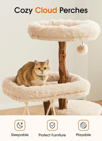 Letkind Modern Cat Tree Tower for Large Indoor Cats, Perches-Natural Solid Wood Cat Tower with Sisal Scratching Post, Perches, Hammock & PlayBalls, Aesthetic Boho Cat Furniture in Kuwait