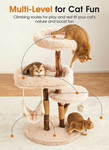 Letkind Modern Cat Tree Tower for Large Indoor Cats, Perches-Natural Solid Wood Cat Tower with Sisal Scratching Post, Perches, Hammock & PlayBalls, Aesthetic Boho Cat Furniture in Kuwait