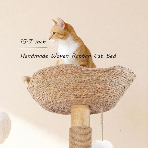 Cats Tree, 51" Modern Cat Tree Tower Natural Solid Wood Cat Furniture Luxury Condo & Dual Perches, Multi-Level Solid Wood Cat Tree Tower with Large Basket for Big Cats in Kuwait