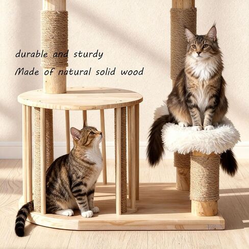 Cats Tree, 51" Modern Cat Tree Tower Natural Solid Wood Cat Furniture Luxury Condo & Dual Perches, Multi-Level Solid Wood Cat Tree Tower with Large Basket for Big Cats in Kuwait