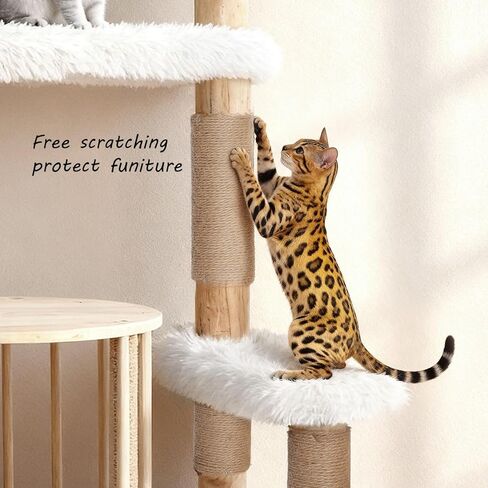 Cats Tree, 51" Modern Cat Tree Tower Natural Solid Wood Cat Furniture Luxury Condo & Dual Perches, Multi-Level Solid Wood Cat Tree Tower with Large Basket for Big Cats in Kuwait