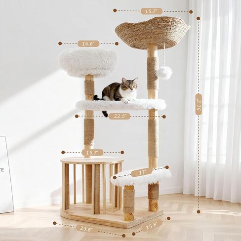 Cats Tree, 51" Modern Cat Tree Tower Natural Solid Wood Cat Furniture Luxury Condo & Dual Perches, Multi-Level Solid Wood Cat Tree Tower with Large Basket for Big Cats in Kuwait