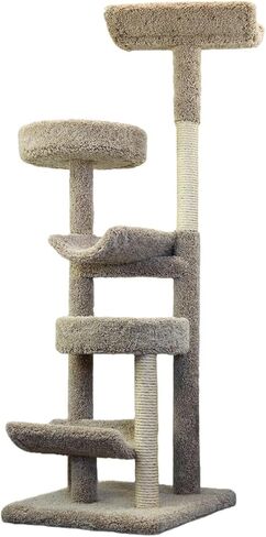 Maykoosh Natural Beauty Multiple Perch Cat Tree, Cat Tree with Scratch Post for All Cat Breeds, Indoor Cat Gym with Perches, Sturdy Wood Construction with Carpet Upholstery Neutral/Round in Kuwait