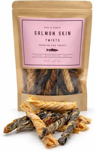TAIL & TONIC Salmon Skin Dog Treats - Single Ingredient Dog Treats, Air-Dried Chewy Fish Skins for Dogs, High Protein, Omega-3 Rich Dental Chews, Twist in Kuwait