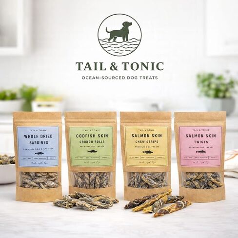 TAIL & TONIC Salmon Skin Dog Treats - Single Ingredient Dog Treats, Air-Dried Chewy Fish Skins for Dogs, High Protein, Omega-3 Rich Dental Chews, Twist in Kuwait