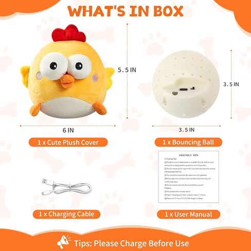 Interactive Dog Toy Ball for Small Dogs, Rechargeable Chicken Bounce Ball with Upgrade Removable Zipper for Large Dogs, Squeaky Move Jump Toy for Pets Keep Busy, No Loud Music (Yellow Chicken) in Saudi Arabia