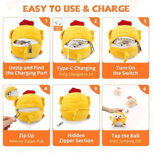 Interactive Dog Toy Ball for Small Dogs, Rechargeable Chicken Bounce Ball with Upgrade Removable Zipper for Large Dogs, Squeaky Move Jump Toy for Pets Keep Busy, No Loud Music (Yellow Chicken) in Saudi Arabia