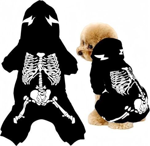 Glow-in-The-Dark Skeleton Pet Costume - Luminous Hooded Outfit for Small & Medium Dogs, Perfect for Halloween and Nighttime Fun,L in Kuwait