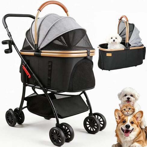 Pet Stroller for Small Medium Dogs & Cats – 3-in-1 Detachable Carrier, Zipperless Entry, Lightweight Folding Travel Stroller with Storage Basket, Cup Holder, Gray in Kuwait