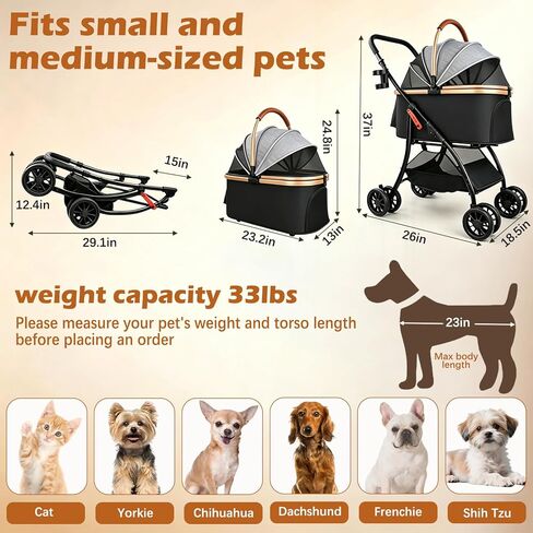 Pet Stroller for Small Medium Dogs & Cats – 3-in-1 Detachable Carrier, Zipperless Entry, Lightweight Folding Travel Stroller with Storage Basket, Cup Holder, Gray in Kuwait