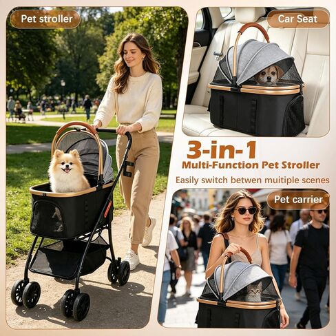 Pet Stroller for Small Medium Dogs & Cats – 3-in-1 Detachable Carrier, Zipperless Entry, Lightweight Folding Travel Stroller with Storage Basket, Cup Holder, Gray in Kuwait