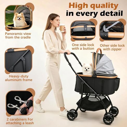 Pet Stroller for Small Medium Dogs & Cats – 3-in-1 Detachable Carrier, Zipperless Entry, Lightweight Folding Travel Stroller with Storage Basket, Cup Holder, Gray in Kuwait