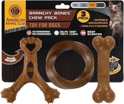 American Kennel Club 3 Pack Training Dog Chew Toy, Wood-Infused PP Assorted Dog Toys, Durable for Moderate Chewers, Beef Scented for Long-Lasting Engagement, Supports Dental Health in Kuwait