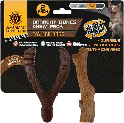 American Kennel Club 2 Pack Training Dog Chew Toy, Wood-Infused PP Assorted Dog Toys, Durable Toys for Moderate Chewers, Beef Scented for Long-Lasting Engagement, Supports Dental Health in Kuwait