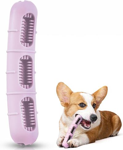 【Version 2.0】Bite and Brush Dog Chew Toy - Puppy Chew Toy with Bristles for Teeth Cleaning, Interactive Dog Toy for Puppy Teething, Compatible with Most Popular Dog Dental Chews &Treats-Pink in Kuwait
