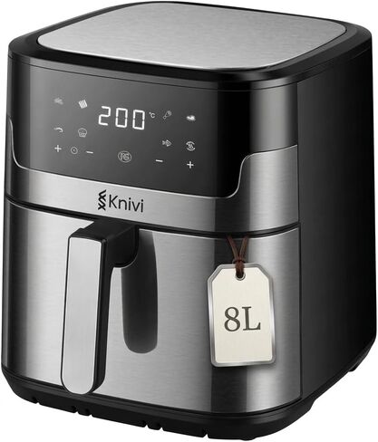 Knivi 8L Stainless Steel Air Fryer – 1500W Digital Touchscreen Airfryer Oven with 8 One-Touch Presets, Defrost & Bake – Large Family Size Non-Stick Basket, Dishwasher Safe – Silver in Kuwait