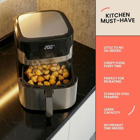 Knivi 8L Stainless Steel Air Fryer – 1500W Digital Touchscreen Airfryer Oven with 8 One-Touch Presets, Defrost & Bake – Large Family Size Non-Stick Basket, Dishwasher Safe – Silver in Kuwait