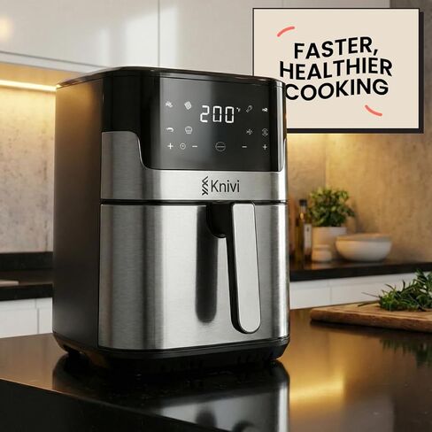 Knivi 8L Stainless Steel Air Fryer – 1500W Digital Touchscreen Airfryer Oven with 8 One-Touch Presets, Defrost & Bake – Large Family Size Non-Stick Basket, Dishwasher Safe – Silver in Kuwait