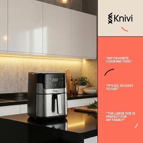 Knivi 8L Stainless Steel Air Fryer – 1500W Digital Touchscreen Airfryer Oven with 8 One-Touch Presets, Defrost & Bake – Large Family Size Non-Stick Basket, Dishwasher Safe – Silver in Kuwait