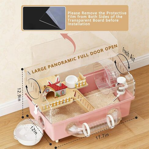 Pink Acrylic Hamster Cage - 18" Small Animal Home with 180° View, Extra Deep 5.5" Base, 8" Silent Wheel & Expansion Ports - for Dwarf Hamsters, Gerbils, Mice in Kuwait