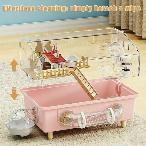 Pink Acrylic Hamster Cage - 18" Small Animal Home with 180° View, Extra Deep 5.5" Base, 8" Silent Wheel & Expansion Ports - for Dwarf Hamsters, Gerbils, Mice in Kuwait
