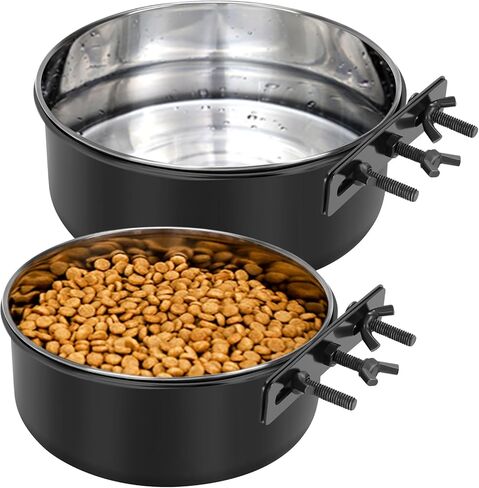 Large Dog Crate Water Bowl No Spill, 2 Pack Stainless Steel Dog Bowls for Food and Water, Pet Kennel Hanging Dogs Food Bowls for Medium/Large Dogs and Cats (7.1"x3.7" & 6.3"*2.6", Black) in Saudi Arabia