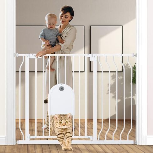 COMOMY 29.5-43.7" Baby Gate with Adjustable Cat Door,Extra Wide Metal Cat Gate for Stairs Doorways, Auto Close Dog Gate with Pet Door for House, Pressure Mounted Easy Walk Through (30" Tall, White) in Kuwait