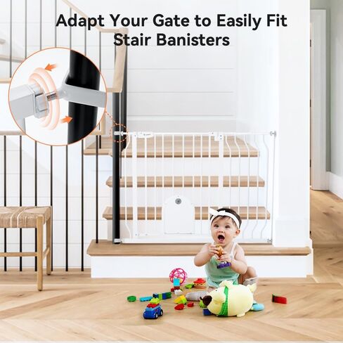 COMOMY 29.5-43.7" Baby Gate with Adjustable Cat Door,Extra Wide Metal Cat Gate for Stairs Doorways, Auto Close Dog Gate with Pet Door for House, Pressure Mounted Easy Walk Through (30" Tall, White) in Kuwait
