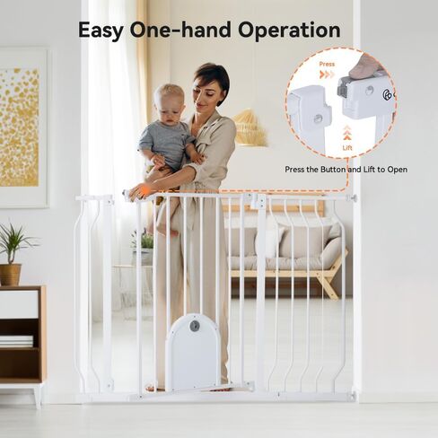 COMOMY 29.5-43.7" Baby Gate with Adjustable Cat Door,Extra Wide Metal Cat Gate for Stairs Doorways, Auto Close Dog Gate with Pet Door for House, Pressure Mounted Easy Walk Through (30" Tall, White) in Kuwait