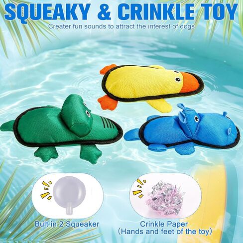 EXPAWLORER Floating Dog Toys for Pool & Summer, 3 Pack Squeaky Water Fetch Soft Durable Oxford Fabric Interactive Chew Toys with Crinkle for Small Medium Large Dogs Play, Hippo, Duck & Crocodily in Kuwait